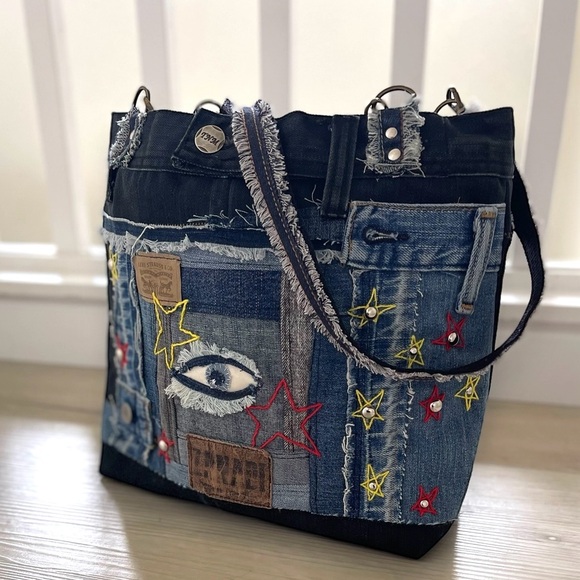 Denim patchwork shoulder bag-tote bag upcycled jeans boho bag - Picture 13 of 16